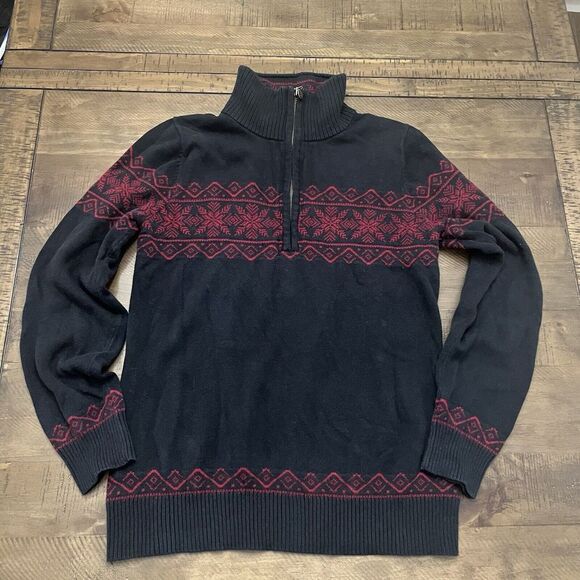 Snowflake Sweater black red Womens Eddie Bauer Medium‎ Knit Long Sleeve 1/4 Zip - Picture 1 of 8